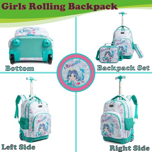 Egchescebo Kids Rolling Backpack للفتيات حوريات البحر أمتعة الأطفال مع عجلات طفل صغير حقيبة سفر حقائب الظهر فتاة طفل الغداء حقيبة الكتب Escolares الابتدائية Mochila con Ruedas para Niñas Green in Kuwait