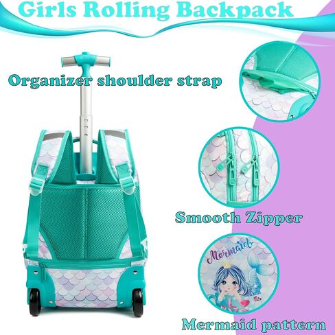 Egchescebo Kids Rolling Backpack للفتيات حوريات البحر أمتعة الأطفال مع عجلات طفل صغير حقيبة سفر حقائب الظهر فتاة طفل الغداء حقيبة الكتب Escolares الابتدائية Mochila con Ruedas para Niñas Green in Kuwait