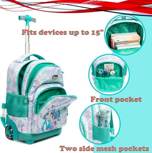 Egchescebo Kids Rolling Backpack للفتيات حوريات البحر أمتعة الأطفال مع عجلات طفل صغير حقيبة سفر حقائب الظهر فتاة طفل الغداء حقيبة الكتب Escolares الابتدائية Mochila con Ruedas para Niñas Green in Kuwait