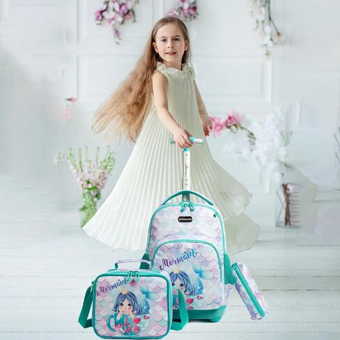 Egchescebo Kids Rolling Backpack للفتيات حوريات البحر أمتعة الأطفال مع عجلات طفل صغير حقيبة سفر حقائب الظهر فتاة طفل الغداء حقيبة الكتب Escolares الابتدائية Mochila con Ruedas para Niñas Green in Kuwait