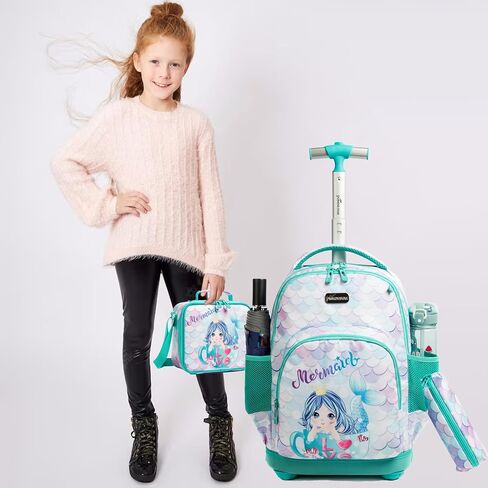 Egchescebo Kids Rolling Backpack للفتيات حوريات البحر أمتعة الأطفال مع عجلات طفل صغير حقيبة سفر حقائب الظهر فتاة طفل الغداء حقيبة الكتب Escolares الابتدائية Mochila con Ruedas para Niñas Green in Kuwait