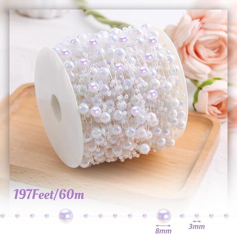 فيوتشر بلس 197 قدم. سلسلة من اللؤلؤ الأبيض قزحي الألوان، لؤلؤ حرفي متلألئ 3-8 مم من اللؤلؤ الصناعي إكليل من حبات اللؤلؤ المبهرة لحفلات الزفاف والكريسماس وإكسسوارات DIY in Kuwait