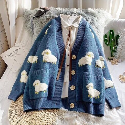 Ladies Girl Cute Sheep Sweater Coat Cardigan Knitted Tops Kawaii Preppy Cartoon Casual in Saudi Arabia