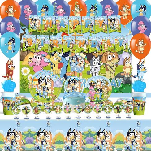 Blue Birthday Party Supplies, Blue Dog Party Decorations Pack Includes Party Backdrop,Banner,Swirls,Cake Topper,Cupcake Topper, Latex Balloons, Tablecloth ，Tableware for 16 Guests in Kuwait