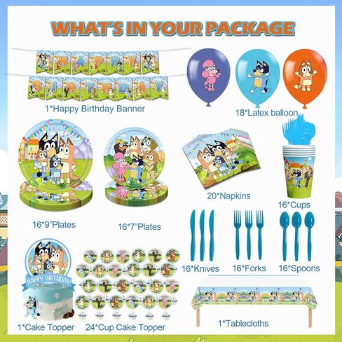 Blue Birthday Party Supplies, Blue Dog Party Decorations Pack Includes Party Backdrop,Banner,Swirls,Cake Topper,Cupcake Topper, Latex Balloons, Tablecloth ，Tableware for 16 Guests in Kuwait