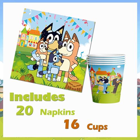 Blue Birthday Party Supplies, Blue Dog Party Decorations Pack Includes Party Backdrop,Banner,Swirls,Cake Topper,Cupcake Topper, Latex Balloons, Tablecloth ，Tableware for 16 Guests in Kuwait