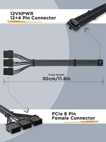 12VHPWR 600W PCIe 5.0 Power Extension Cable, PowerBear Gen 5 PSU Adapter, Fits Type-4 PSUs via Three 8-pin PCIe to 12+4 pin 16AWG Connector for RTX 4090 4080 3090TI 4070Ti Graphics Card GPU, 30cm in Saudi Arabia