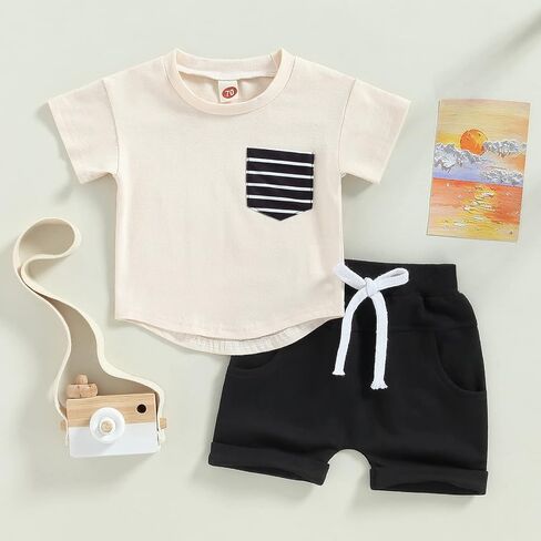 Rtnnsbbfcm Newborn Baby Boy Summer Clothes Short Sleeve Color Block Front Pocket T-Shirt Top Shorts 2Pcs Casual Outfit in Kuwait