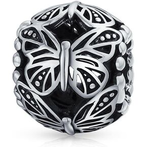 Garden Insect Springtime Butterfly Simulated Amethyst CZ Charm Vintage Style Barrel Bead Oxidized .925 Sterling Silver For European Bracelet
