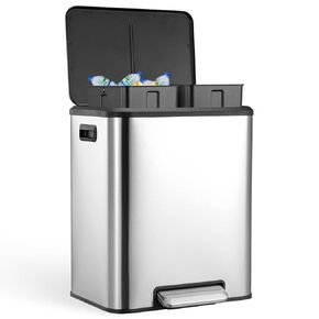 GlowSol Dual Trash Can for Recycling and Trash, 2 x 4 Gallon (30L) Stainless Steel Kitchen Trash Can with Lid and Foot Pedal, Double Compartment Garbage Can, Trash Can with Recycling Bin