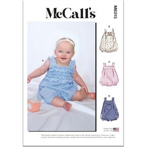 McCall's Infants' Rompers Sewing Pattern Kit, Design Code M8315, Sizes NBN-SML-MED-LRG-XLG, Multicolor