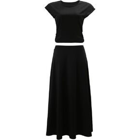 Womens 2 Piece Skirt Set Summer Outfits Casual Knit Short Sleeve Crop Top High Waist Swing Midi Skirt