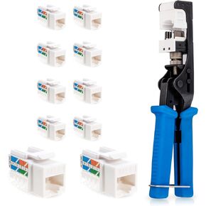 Speed Termination Tool - Easy Punch Down with Stainless Steel Blades For 45 Degree RJ45 LAN Cat6 / Cat5e Keystone Jacks + 10 White Cat5e Keystones Jack Connectors Kit