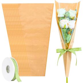 VOCAON 50PCS Flower Bouquet Wrapping Paper with Ribbon, Kraft Packing Sleeves for Bouquets Clear Floral Wrapping Bags Bulk for Graduation Anniversary Wedding Birthday Gift 17.9x9.8x3.9 Inches