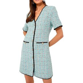 LifeShe Women's Tweed Jackie Dress Button Front V Neck Short Sleeve Business Work Mini Dress