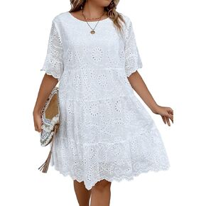 MakeMeChic Women's Plus Size Eyelet Short Sleeve Summer Dress Crew Neck Schiffy Smocked Dress