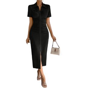 MakeMeChic Women's Casual Ruched Short Sleeve Collared Neck Button Down Bodycon Long Midi Dresses