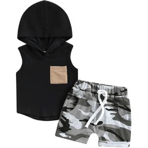 Summer Toddler Boy Clothes Set, Cotton Baby Boy Outfits Hooded Tank Tops and Shorts in Saudi Arabia
