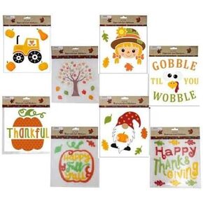 Fall Thanksgiving Gel Sticker Window Clings Decoration Fun Friendly Family Bundle 8 Assorted Designs
