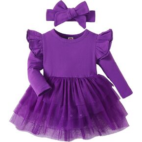 Doahapyker Baby Girl Ruffle Sleeve Romper Dress Newborn Onesie Headband Outfit Infant Jumpsuit Tutu Skirt Set Clothes