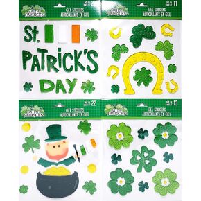 Holiday St. Patrick’s Day Window Gel Clings – Bundle of (4) Sheets, Including St Patrick’s Day, Shamrocks, Leprechaun/Pot of Gold, Luck of The Irish Horseshoes/Shamrocks (68 Pcs Total)