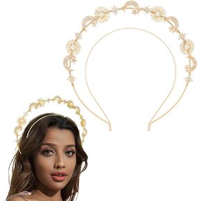 Barode Moon Halo Crown Headband Gold Flower Goddess Tiaras Layered Star Headpiece Wedding Prom Party Costume Hair Accessories for Women