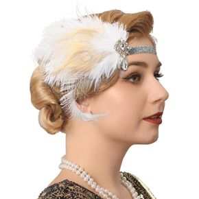 1920s Flapper Headband White Feather Headpiece Peacock Headbands Rhinestone Cocktail Hair Accessories for Women and Girls