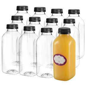 DilaBee 16 Oz Empty Plastic Juice Bottles with Lids – 12 Pack Small Square Drink Containers - Great for Storing Homemade Juices, Water, Smoothies, Tea and Other Beverages - Food Grade BPA Free