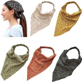 5 Pcs Chiffon Turban Head Kerchief Scarf Floral Hair Bandanas Scarf Floral Triangle Head Scarves Headband Boho Headbands Elastic Hair Bands Floral Hair Scrunchies