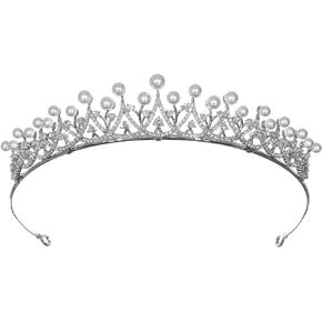 SAMKY Princess Cubic Zirconia Crystal Platinum Plated Pearl Bridal Tiara Crown T1265