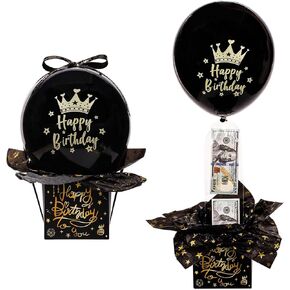 Birthday Money Box, Funny Pull Money Balloon Box Happy Birthday Surprise Set Money Pull Out Gift Box for Cash for Women Men Best Friend Birthday Decorations (Black Balloon)