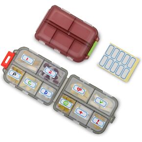 2 Pack Travel Portable Pill Organizer Pocket Size, with 10 Compartments, 10 Sticky Notes, Small Fold Pill Boxes of Two Colors. Perfect for Travel or Home Use.