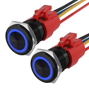 STARELO 2PCS 19MM 3/4" Latching Push Button Switch 5A 12V 1NO1NC SPDT ON/Off Waterproof Aluminum Black Shell with LED Ring with Wire Socket Plug (Blue).
