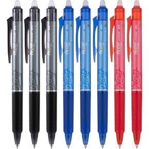 Pilot, FriXion Clicker Erasable Gel Pens, Extra Fine Point 0.5 mm, Pack of 8, Black, Red & Blue
