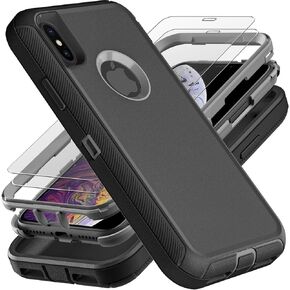 for iPhone Xs Max Case, Military Grade 3 in 1 Heavy Duty Shockproof/Drop Proof/Dust Proof Case with 2Pcs Tempered Glass Screen Protector (Aqua Blue/Pink)