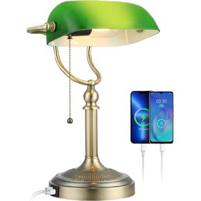 Newrays Green Glass Bankers Desk Lamp with Pull Chain Switch Plug in Fixture,USB Fast Charging Port
