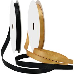 Black Gold Satin Ribbon 1/4 Inch 15 Yards Total 30 Yards Double Faced Polyester Satin Ribbons for Gift Wrapping Weddings Invitations Flower Bouquet Bow Making Home Decor（2 Roll）