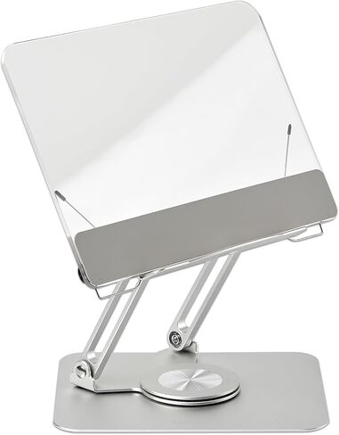 Acrylic Book Stand for Reading Hands Free - Portable 360° Rotating Base Laptop Holder - Aluminium Alloy Adjustable Recipe Cookbook Sheet Music Textbook Foldable Desktop Ricer with Paper Clips in Saudi Arabia