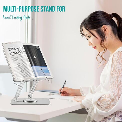 Acrylic Book Stand for Reading Hands Free - Portable 360° Rotating Base Laptop Holder - Aluminium Alloy Adjustable Recipe Cookbook Sheet Music Textbook Foldable Desktop Ricer with Paper Clips in Saudi Arabia