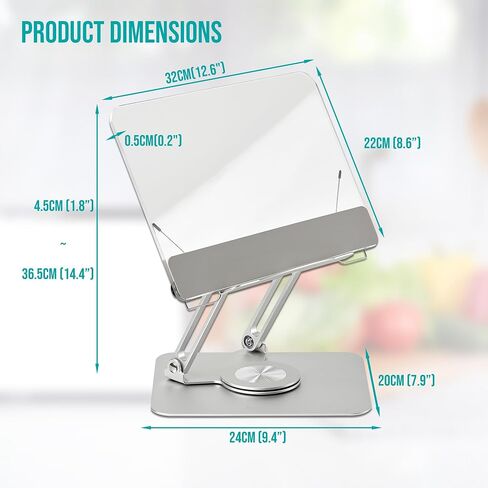 Acrylic Book Stand for Reading Hands Free - Portable 360° Rotating Base Laptop Holder - Aluminium Alloy Adjustable Recipe Cookbook Sheet Music Textbook Foldable Desktop Ricer with Paper Clips in Saudi Arabia