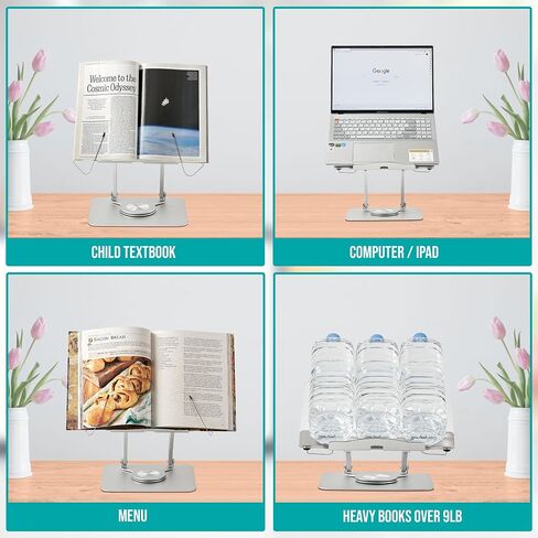 Acrylic Book Stand for Reading Hands Free - Portable 360° Rotating Base Laptop Holder - Aluminium Alloy Adjustable Recipe Cookbook Sheet Music Textbook Foldable Desktop Ricer with Paper Clips in Saudi Arabia