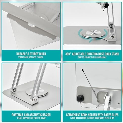 Acrylic Book Stand for Reading Hands Free - Portable 360° Rotating Base Laptop Holder - Aluminium Alloy Adjustable Recipe Cookbook Sheet Music Textbook Foldable Desktop Ricer with Paper Clips in Saudi Arabia