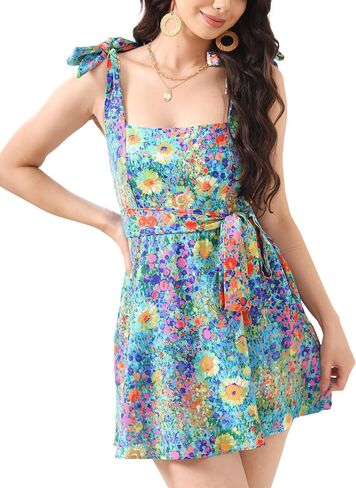Womens Floral Mini Dress Casual Summer Sleeveless Flower Dresses Square Neck A line Short Dress with Pockets in Saudi Arabia