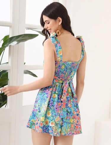 Womens Floral Mini Dress Casual Summer Sleeveless Flower Dresses Square Neck A line Short Dress with Pockets in Saudi Arabia