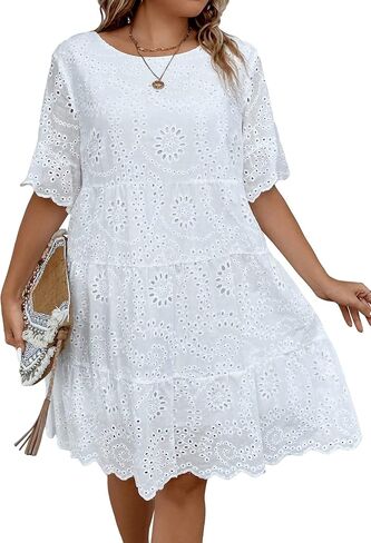 MakeMeChic Women's Plus Size Eyelet Short Sleeve Summer Dress Crew Neck Schiffy Smocked Dress in Saudi Arabia