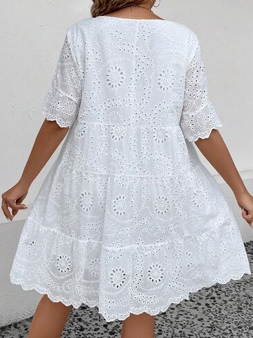 MakeMeChic Women's Plus Size Eyelet Short Sleeve Summer Dress Crew Neck Schiffy Smocked Dress in Saudi Arabia