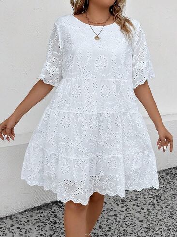 MakeMeChic Women's Plus Size Eyelet Short Sleeve Summer Dress Crew Neck Schiffy Smocked Dress in Saudi Arabia