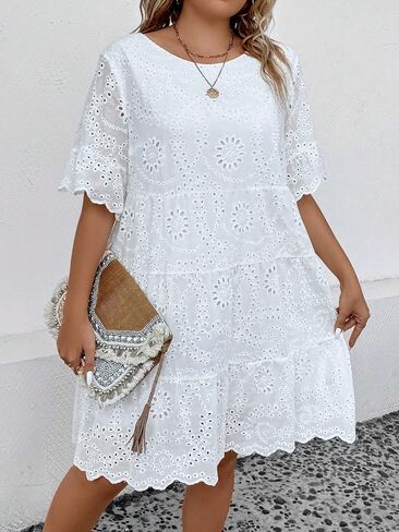 MakeMeChic Women's Plus Size Eyelet Short Sleeve Summer Dress Crew Neck Schiffy Smocked Dress in Saudi Arabia