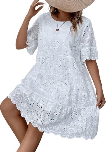 MakeMeChic Women's Plus Size Eyelet Short Sleeve Summer Dress Crew Neck Schiffy Smocked Dress in Saudi Arabia