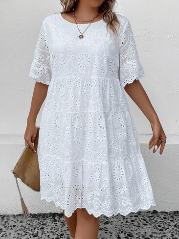 MakeMeChic Women's Plus Size Eyelet Short Sleeve Summer Dress Crew Neck Schiffy Smocked Dress in Saudi Arabia